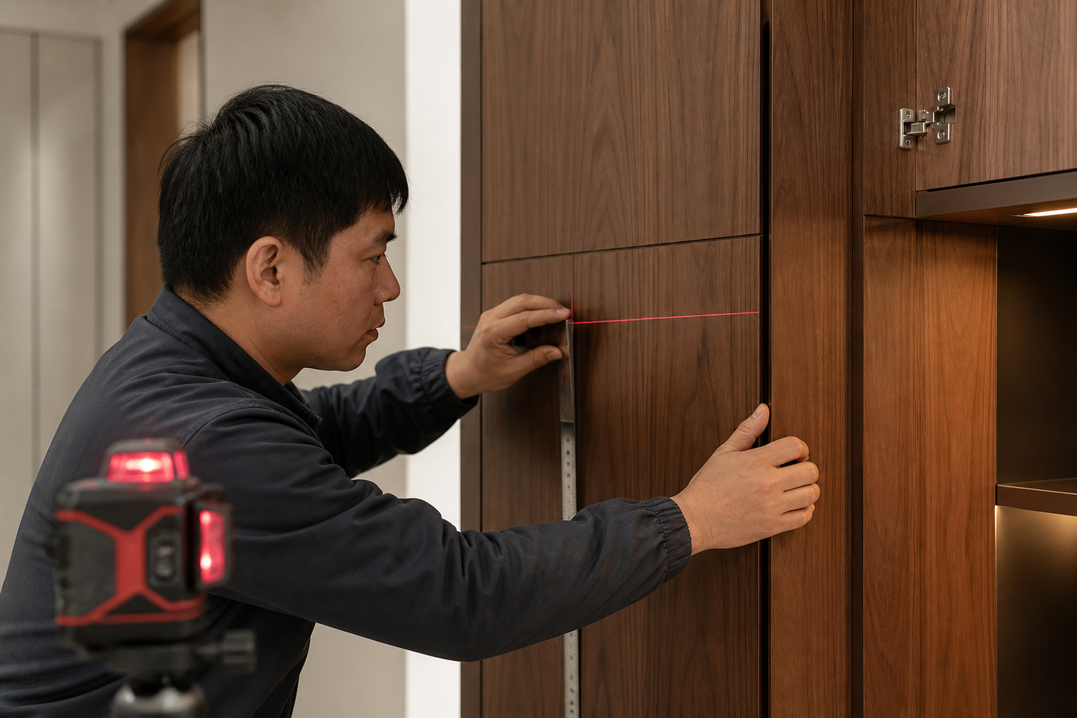 安装师傅使用激光水平仪校准柜体
